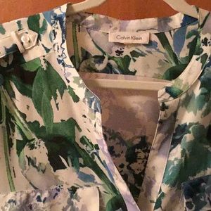 Calvin Klein long sleeve blouse. Multi colored blue green white black